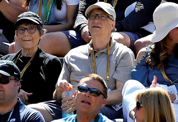 Founder of Microsoft Corporation Bill Gates watches the semi final match between Hubert Hurkacz and Roger Federer in the BNP Paribas Open at the Indian Wells Tennis Garden.